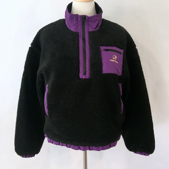 Ivory Ella Black Sherpa Teddy Fleece 1/3 Zip Purple Trim Accents - Picture 3 of 15